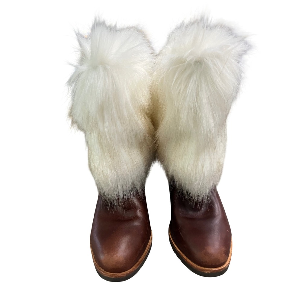 Sorel Faux Fur Trim Brown Leather Wedge Winter Boots Lug Mid Calf Womens 6.5